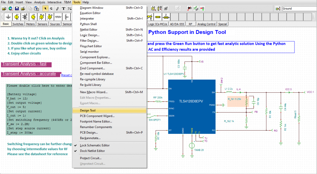 Python support in Design Tool_ circuit with Design Tool menu