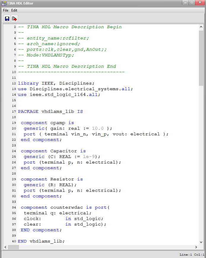 Simulation with VHDL-AMS: TINA HDL Editor image1