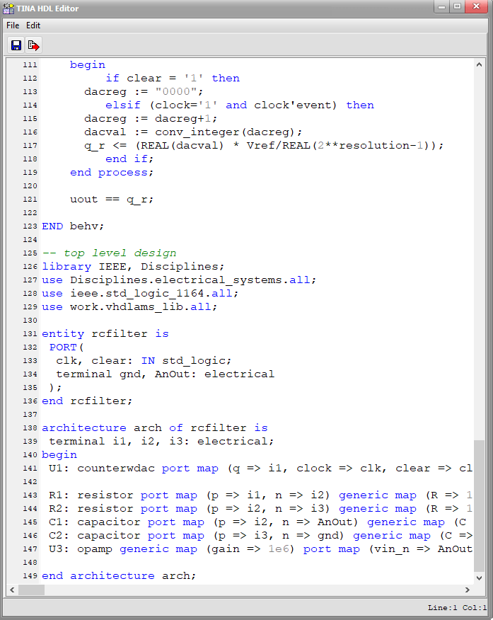 Simulation with VHDL-AMS: TINA HDL Editor image4