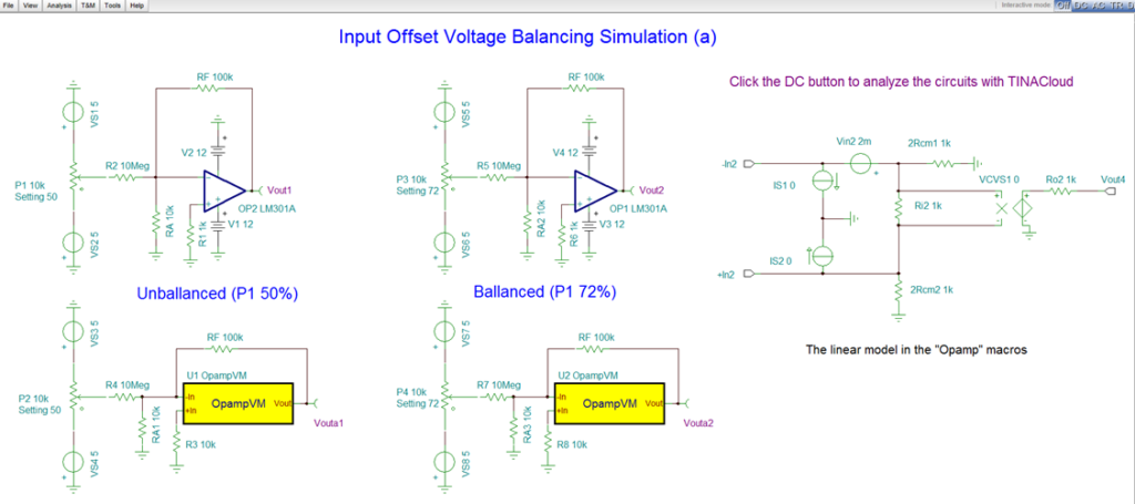 Input Offset Voltage Balancing circuit simulation with TINACloud (a)