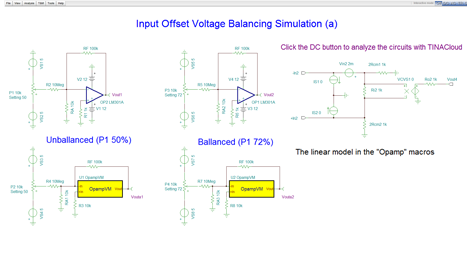 New circuits in TINA Resources: Input Offset Voltage Balancing Circuit Simulation with TINACloud