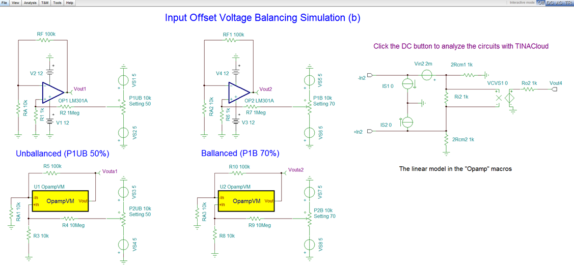 Input offset voltage balancing circuit simulation with tinacloud