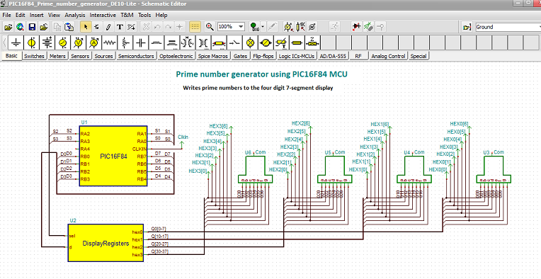 PIC16F84 Prime number generator DE10 Lite circuit