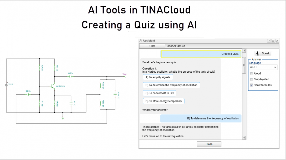 Creating a Quiz using AI and Creating step-by-step solution of simple DC/AC circuits with TINACloud