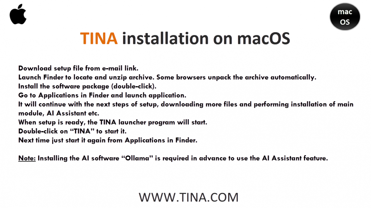 TINA installation on macOS