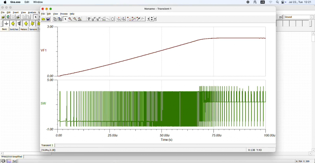 The transient response appears in the Diagram Window of TINA. 
