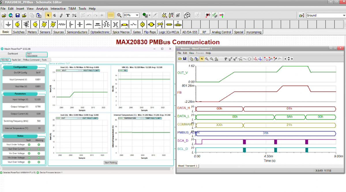 Simulation of MAX20830 DC-DC switching regulator with a PMBus interface ...