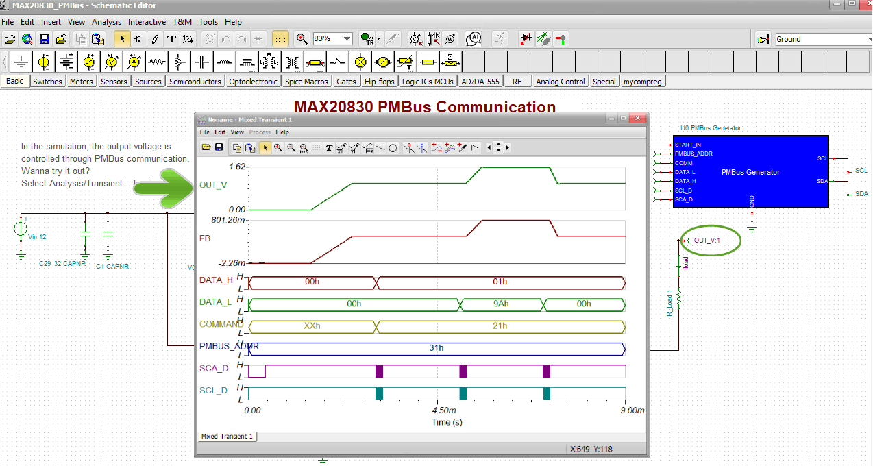 Simulation of MAX20830 DC-DC switching regulator with a PMBus interface ...