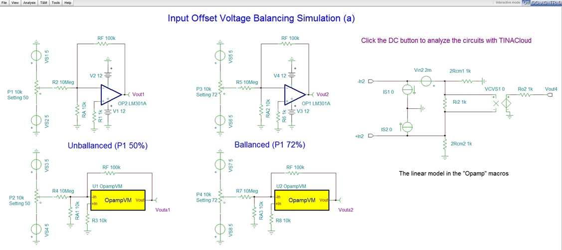 Input Offset Voltage Balancing Circuit Simulation (a) with TINACloud 