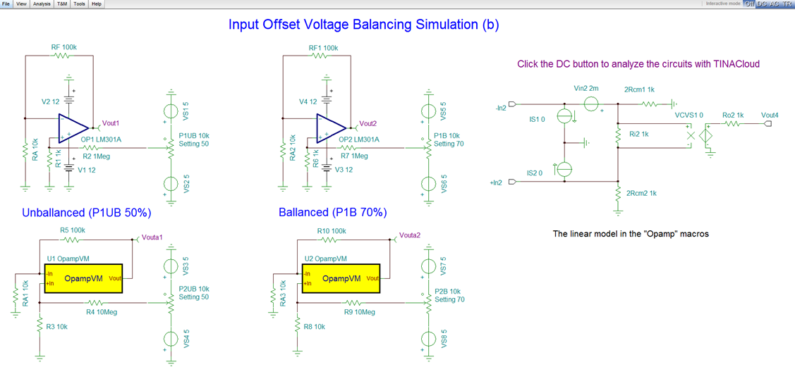 Input Offset Voltage Balancing Circuit Simulation (b) with TINACloud 