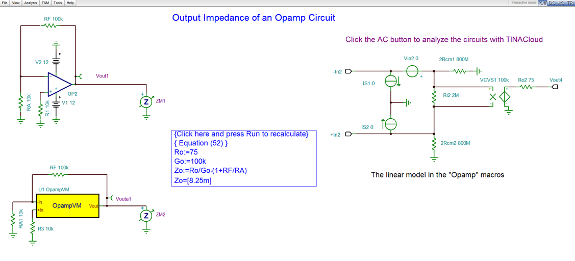 Output Impedance of an Opamp Circuit Simulation with TINACloud