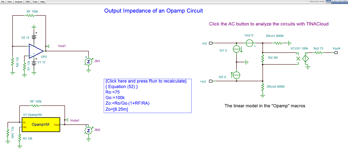 ความต้านทานเอาต์พุตของการจำลองวงจร Opamp ด้วย TINACloud